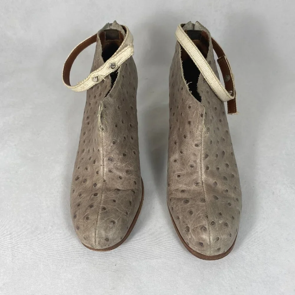 Rachel Comey Pinion Ostrich Leather Booties Gray Ankle Strap Wood Heel 7